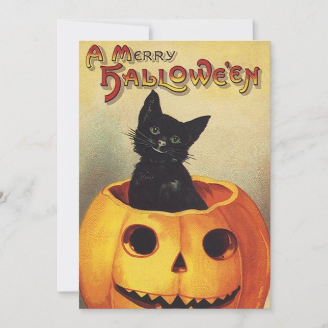 Convite Um Halloween de Feliz por Ellen Clapsaddle, Gato d (Frente)