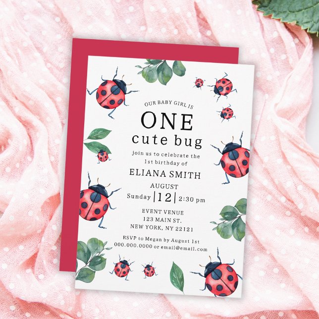 Convite Um Inseto bonito, primeiro aniversario de Ladybug  (One Cute Bug Watercolor Ladybug Girl 1st Birthday Invitation)