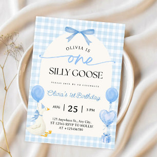 Convite Um Laço Azul Xadrez Gingham Silly Goose 1º Anivers