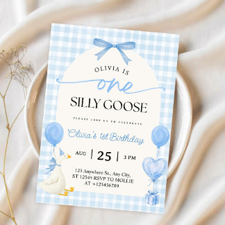 Convite Um Laço Azul Xadrez Gingham Silly Goose 1º Anivers