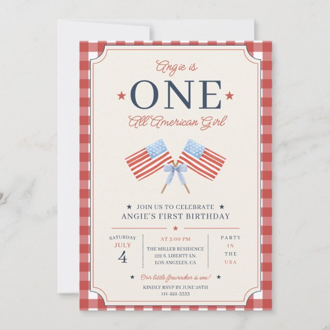 Convite UM Menina Americana de Um Ano de Idade Festa Ameri (Frente)