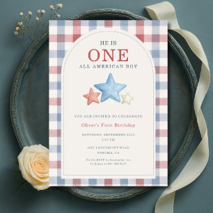 Convite Um Menino Americano Gingham Aniversário de 1 Ano