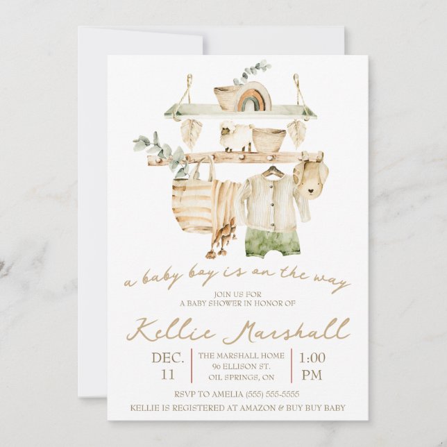 Convite Um Menino está a caminho! Chá de fraldas Clothesli (Frente)