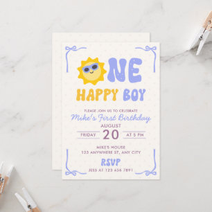 Convite Um Menino Feliz Aniversário Retro Sol Primeiro Ani