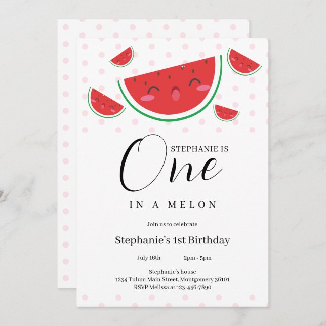 Convite Um na Festa Melon Pink de primeiro aniversario (Frente/Verso)