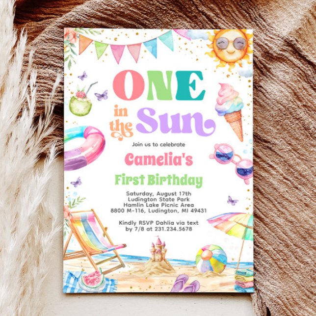Convite Um na festa Sun Summer primeiro aniversario Beach (One in the Sun Summer 1st Birthday Beach Party Invitation)
