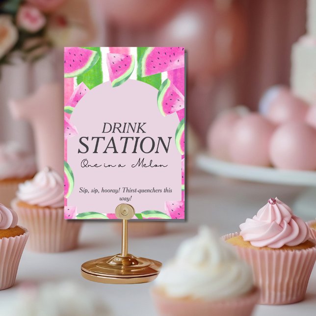 Convite Um na Melon DRINK STATION Melancia Rosa Placa (One in Melon DRINK STATION Pink Watermelon Sign )