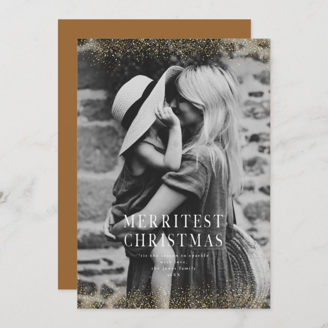Convite Um Natal Muito Brilhante e Espelhado Foto Dourada  (Frente/Verso)