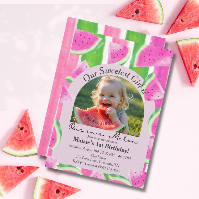 Convite Um no Melon Photo Pink Watermelon Aniversário (One in a Melon Photo Pink Watermelon Birthday Invitation)