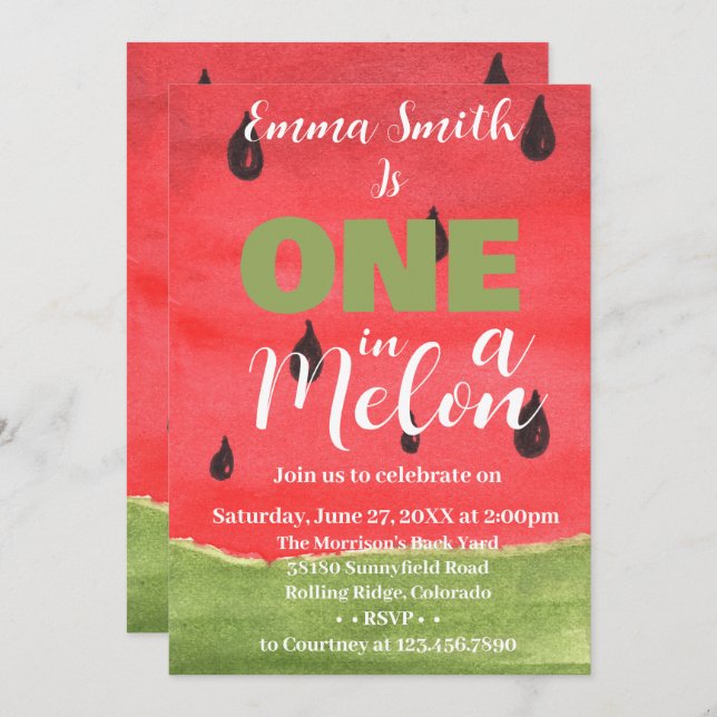 Convite Um no primeiro aniversario Melon Watermelon (Frente/Verso)