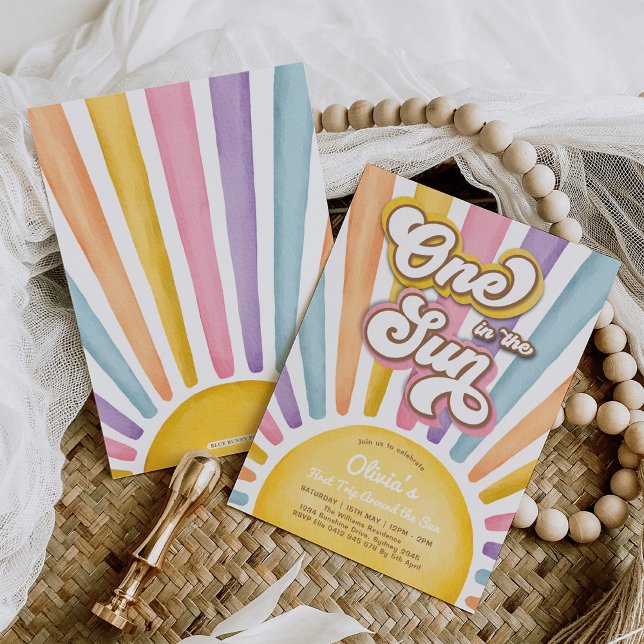 Convite Um no primeiro aniversario Sun Retro Sunshine Girl (Criador carregado)