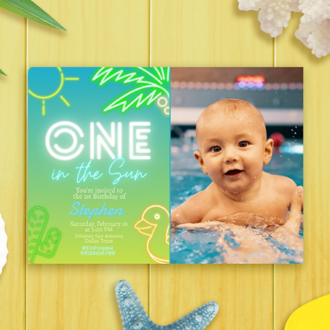Convite Um no Sol - Festa na Piscina (One in the Sun - Pool Party Landscape Invitation with Photo Picture)