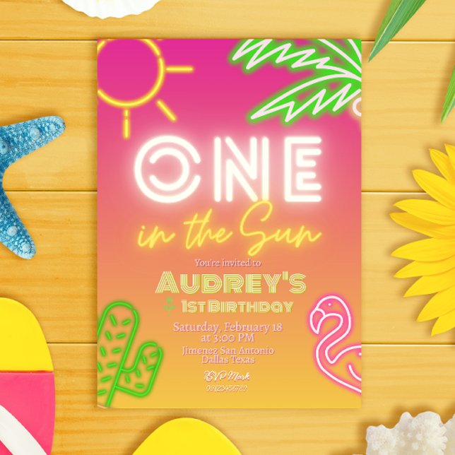 Convite Um no Sol - primeiro aniversario (One in the Sun - Girl 1st Birthday Pink Invitation - Pool Party)