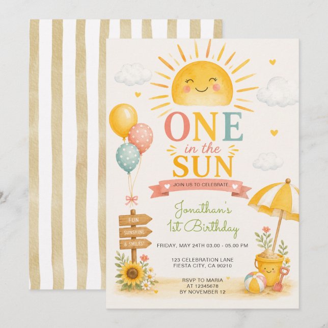 Convite Um no Sol Primeiro Aniversário na Praia (Frente/Verso)