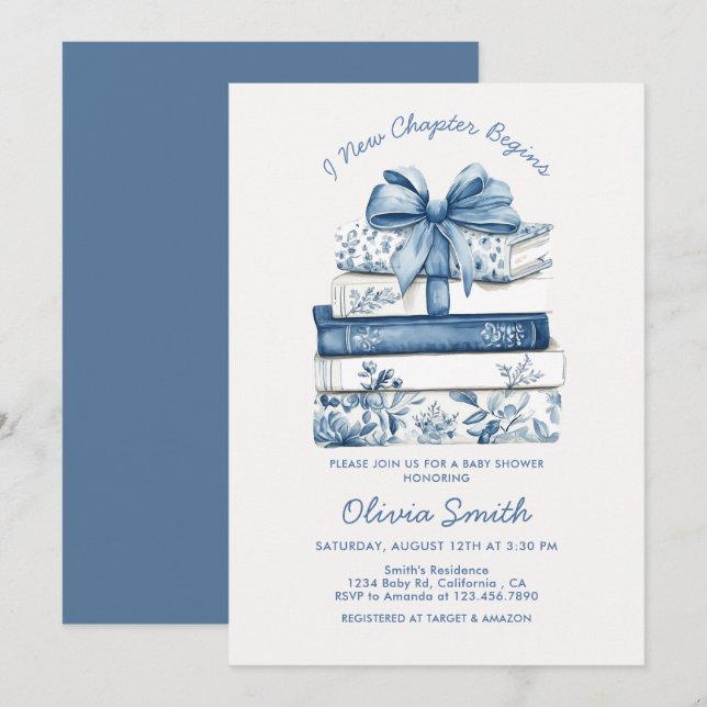 Convite Um Novo Capítulo Começa Blue Bow Books Chá de Bebê (Frente/Verso)