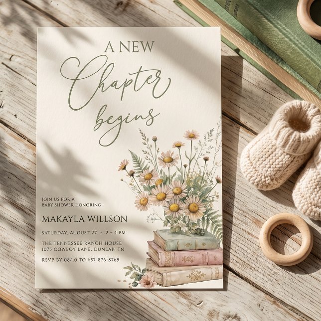 Convite Um Novo Capítulo Começa Livro Chá de Bebê com Flor (Criador carregado)