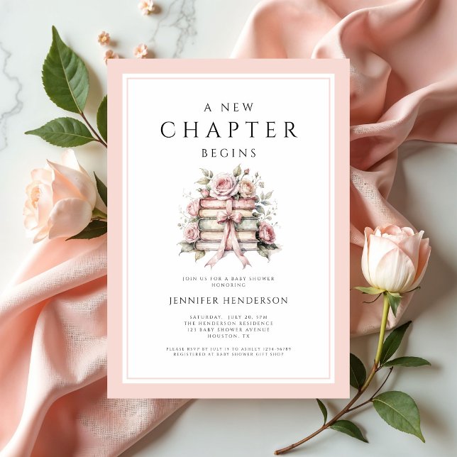Convite Um Novo Capítulo Começa Livros com Laço Rosa Chá d (A New Chapter Begins Pink Bow Books Baby Shower Invitation)
