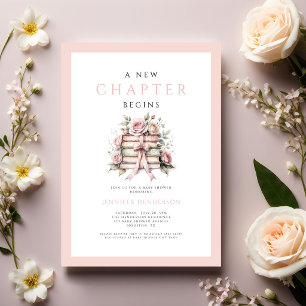 Convite Um Novo Capítulo Começa Livros com Laço Rosa Chá d