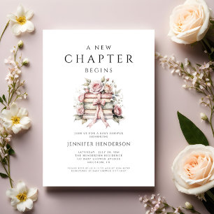 Convite Um Novo Capítulo Começa Livros com Laço Rosa Chá d