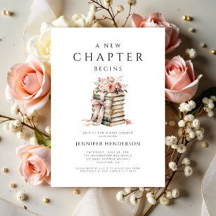 Convite Um Novo Capítulo Começa Livros com Laço Rosa Chá d