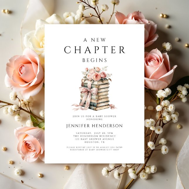 Convite Um Novo Capítulo Começa Livros com Laço Rosa Chá d (A New Chapter Begins Pink Bow Books Baby Shower Invitation)