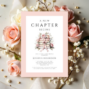 Convite Um Novo Capítulo Começa Livros com Laço Rosa Chá d
