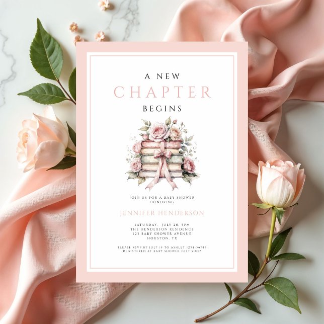 Convite Um Novo Capítulo Começa Livros com Laço Rosa Chá d (A New Chapter Begins Pink Bow Books Baby Shower Invitation)