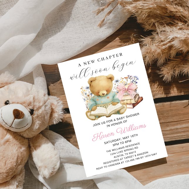 Convite Um Novo Capítulo Começa Livros de Ursinha Chá de B (Cute A new chapter will soon Begin Baby shower Girl invitation)