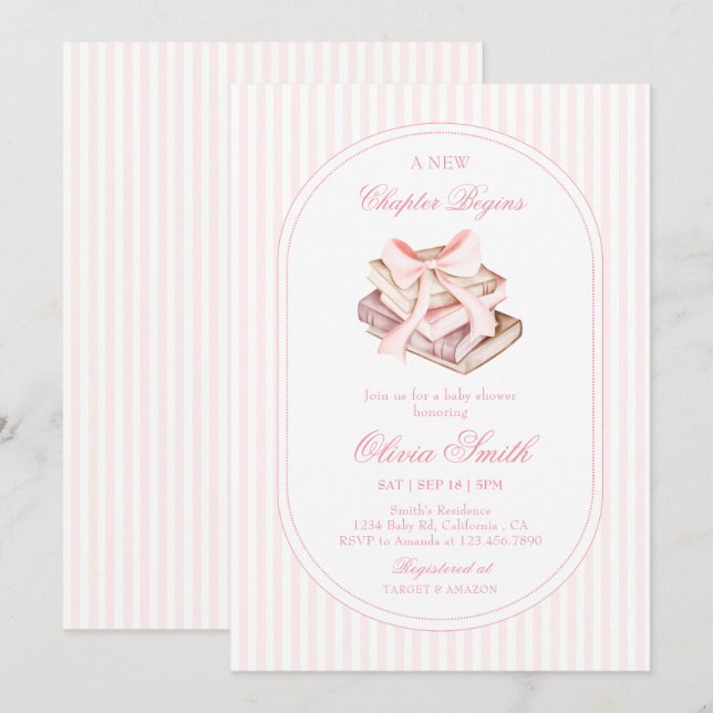 Convite Um Novo Capítulo Começa, Pink Bow Books Chá de Beb (Frente/Verso)