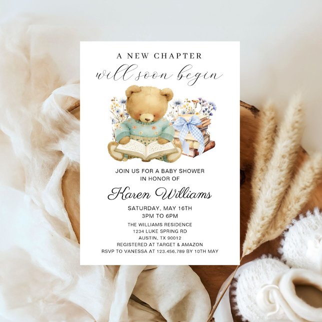 Convite Um Novo Capítulo Começa Ursinho Livros Chá de Bebê (A new chapter will soon begin Boy bear books baby shower invitation)