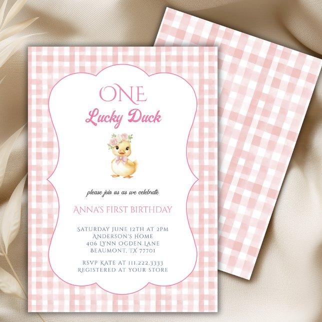 Convite Um Pato Sortudo 1ª Menina Gingham Rosa Aniversário (Criador carregado)