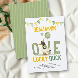 Convite Um Pato Sortudo Aquarela Verde Menino 1º Aniversár