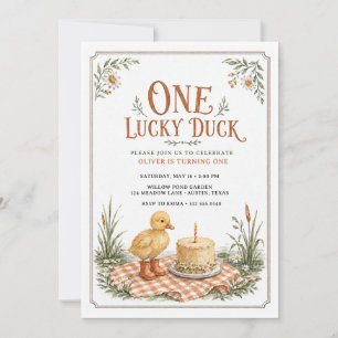 Convite Um Pato Sortudo Gingham Vintage Primeiro Aniversár
