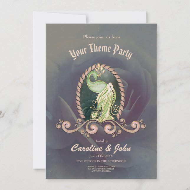 Convite Um pavão majestoso em ouro e verde. (Frente)