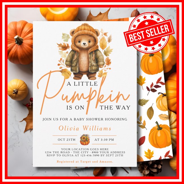 Convite Um Pequeno Abóbora Outono CUTE BEAR Chá de Bebê (A Little Pumpkin is on the Way Fall Autumn CUTE BEAR Baby Shower Invitation)