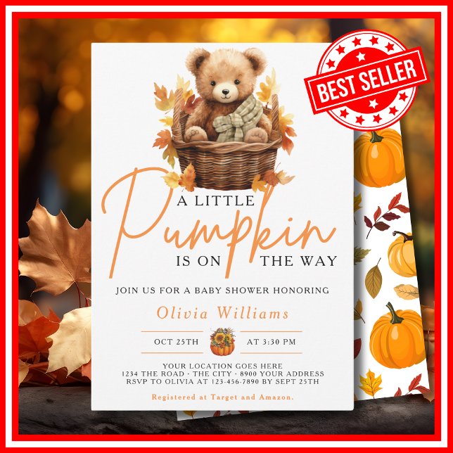 Convite Um Pequeno Abóbora Outono CUTE BEAR Chá de Bebê (A Little Pumpkin is on the Way Fall Autumn CUTE BEAR Baby Shower Invitation)