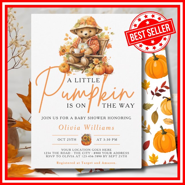 Convite Um Pequeno Abóbora Outono CUTE BEAR Chá de Bebê (A Little Pumpkin is on the Way Fall Autumn CUTE BEAR Baby Shower Invitation)