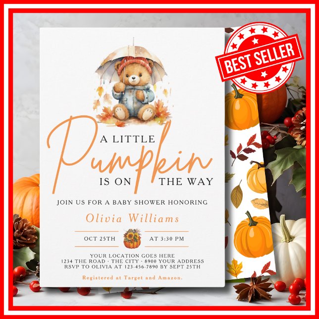 Convite Um Pequeno Abóbora Outono CUTE BEAR Chá de Bebê (A Little Pumpkin is on the Way Fall Autumn CUTE BEAR Baby Shower Invitation)