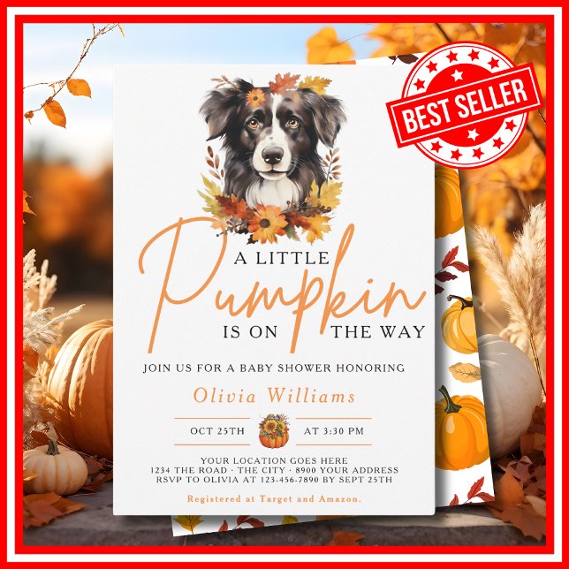 Convite Um Pequeno Abobrinha Outono DOG Chá de Bebê (A Little Pumpkin is on the Way Fall Autumn Dog Baby Shower Invitation)