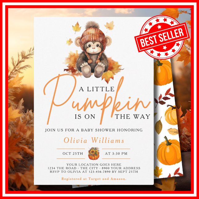 Convite Um Pequeno Abobrinha Outono MONKEY Chás de Bebê (A Little Pumpkin is on the Way Fall Autumn CUTE MONKEY Baby Shower Invitation)
