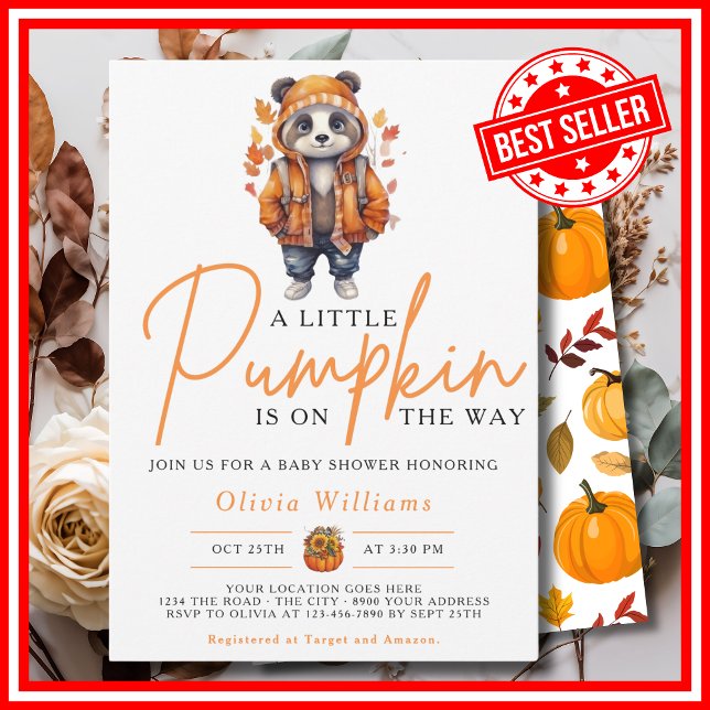 Convite Um Pequeno Abobrinha Outono PANDA Chá de Bebê (A Little Pumpkin is on the Way Fall Autumn CUTE PANDA Baby Shower Invitation)