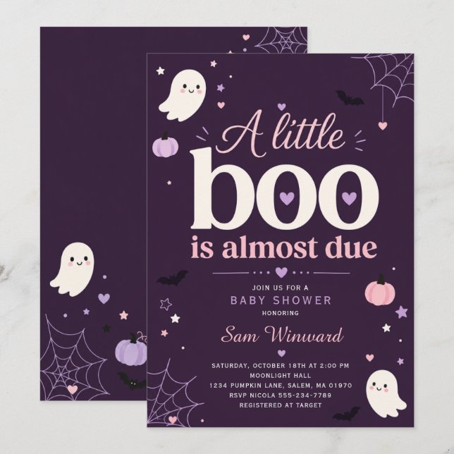 Convite Um Pequeno Boo é Devido Chuveiro de Bebê Roxo (Frente/Verso)