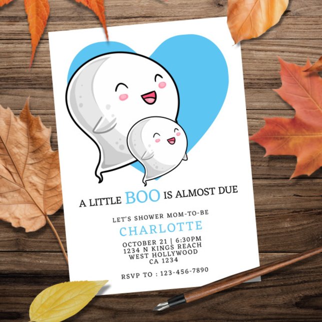 Convite Um Pequeno Boo é quase o Chá de fraldas do Dia das (A Little Boo is Almost Due Halloween Baby Shower Invitation from Ricaso. Blue love heart & ghost 
)