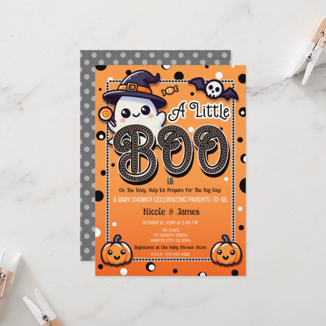Convite Um Pequeno Boo Pontinhos de Halloween Baby Shower  (Frente/Verso In Situ)
