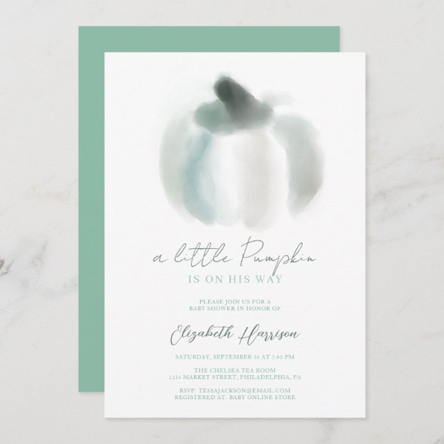 Convite Um Pequeno Chá De Bebê Azul De Pumpkin (Frente/Verso)