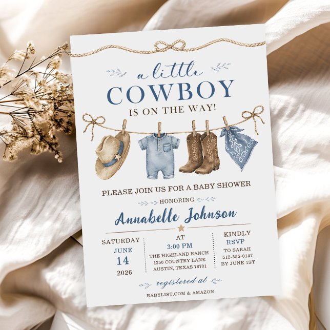 Convite Um Pequeno Chá de Bebê Cowboy Menino (Criador carregado)
