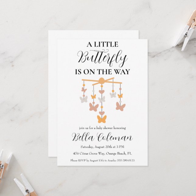 Convite um pequeno chá de bebê de borboleta (Frente/Verso In Situ)