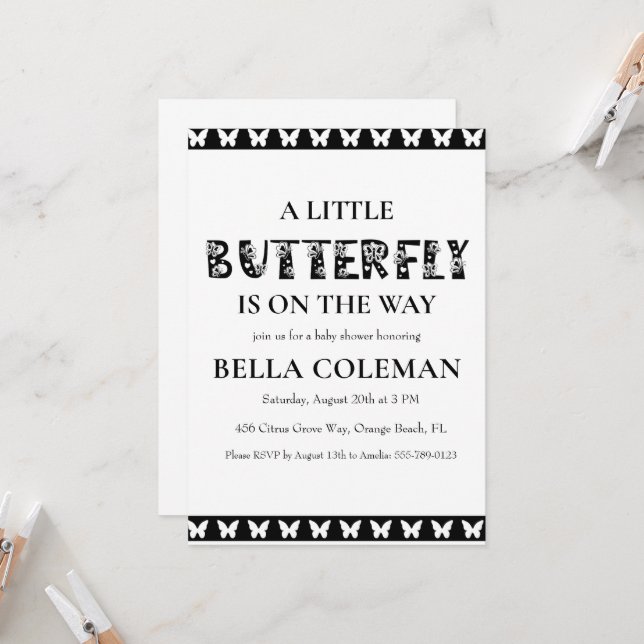 Convite um pequeno chá de bebê de borboleta (Frente/Verso In Situ)