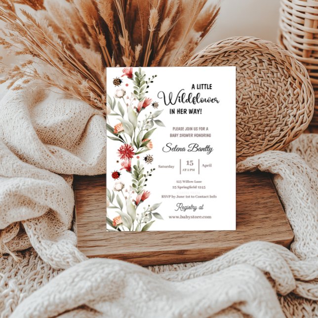 Convite Um Pequeno Chá De Bebê De Flor Selvagem Ladybug (baby shower invitations a little wildflower watercolor floral for her boho)