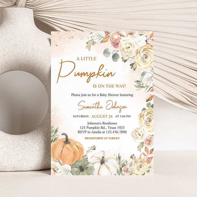 Convite Um Pequeno Chá de fraldas De Abóbora (Fall Floral Pumpkin Baby Shower Invitation)
